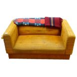 WELL USED ORANGE DRAYLON TWO SEAT SOFA approximately 140cm wide;