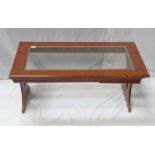 TEAK OBLONG COFFEE TABLE with inset glass panel,