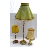 BRASS COLUMN STANDARD LAMP with green pleated shade, 140cm high (including shade),