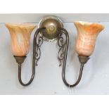 BRASS TWO ARM WALL LIGHT with peach mottled glass shades (From Port Sunshine Pub)