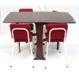 LEGATE DROP FLAP TEAK DINING TABLE together with four metal framed chairs with padded backs and