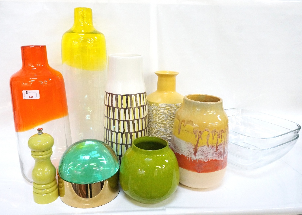 COLLECTION OF GLASS AND POTTERY including two coloured glass vases and four pottery vases (From