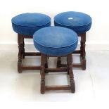 THREE CIRCULAR TOP PUB BAR STOOLS each with circular padded seats in blue velour (3) (From Port