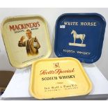 SELECTION OF VINTAGE WHISKY BAR TRAYS comprising: White Horse Scotch Whisky (345mm x 345mm);