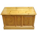 WAXED PINE BLANKET BOX with a lift up lid and panel decoration,