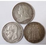 THREE 19th CENTURY SILVER COINS comprising Leopold II (Belgium) 5 francs dated 1869;