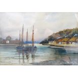 W GLOVER JR Boats moored by cottages, watercolour, signed,