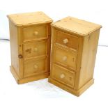 PAIR OF WAXED PINE BEDSIDE CUPBOARDS each with a moulded top and three drawers,