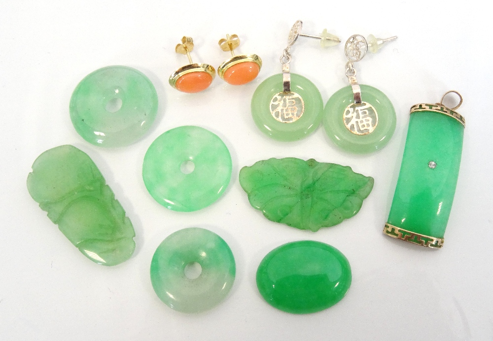 SELECTION OF JADE AND OTHER JEWELLERY comprising a diamond set jade pendant in gold mounts;