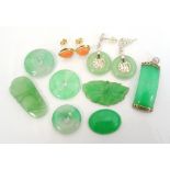 SELECTION OF JADE AND OTHER JEWELLERY comprising a diamond set jade pendant in gold mounts;