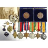 LOT OF VARIOUS MEDALS AND BADGES including two 'Astor County Cup' bronze shooting medals with