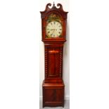 19th CENTURY MAHOGANY EIGHT DAY LONGCASE CLOCK the hood with swan neck pediment and glazed door