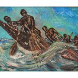 'MEN ARE SINGING "TAKE HEART" IN DUG OUT IN THE BIGHT OF BENIN' oil on board,