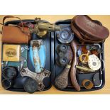 LOT OF VINTAGE COLLECTABLES including an oak crumb scoop with brush, pair of field glasses,