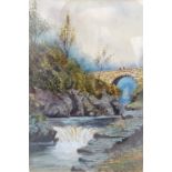 W GLOVER JR Waterfall by the bridge, watercolour, signed,