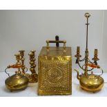 COLLECTION OF BRASSWARE comprising a coal box, with carrying handle, hinged front and scoop,