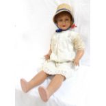 LARGE VINTAGE DOLL with sleeping eyes, composition head and body, original clothes and box,