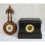 VICTORIAN BLACK SLATE MANTEL CLOCK of classical form, the dial with Arabic numerals, 24.