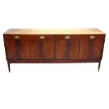 RETRO MAHOGANY SIDEBOARD with two frieze drawers with recessed handles above two pairs of cupboard