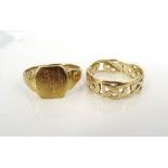 TWO NINE CARAT GOLD RINGS one a pierced Celtic knot design band and the other a signet ring,