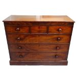 GEORGE III MAHOGANY AND INLAID CHEST with three frieze drawers above three long drawers,