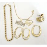 SELECTION OF NINE CARAT GOLD JEWELLERY comprising a rope twist bracelet,