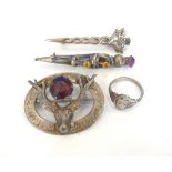 SMALL SELECTION OF SCOTTISH SILVER JEWELLERY comprising an amethyst,