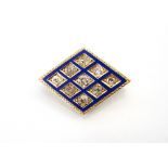 ATTRACTIVE DIAMOND AND BLUE ENAMEL SET FOURTEEN CARAT GOLD BROOCH the rhombus shaped brooch of
