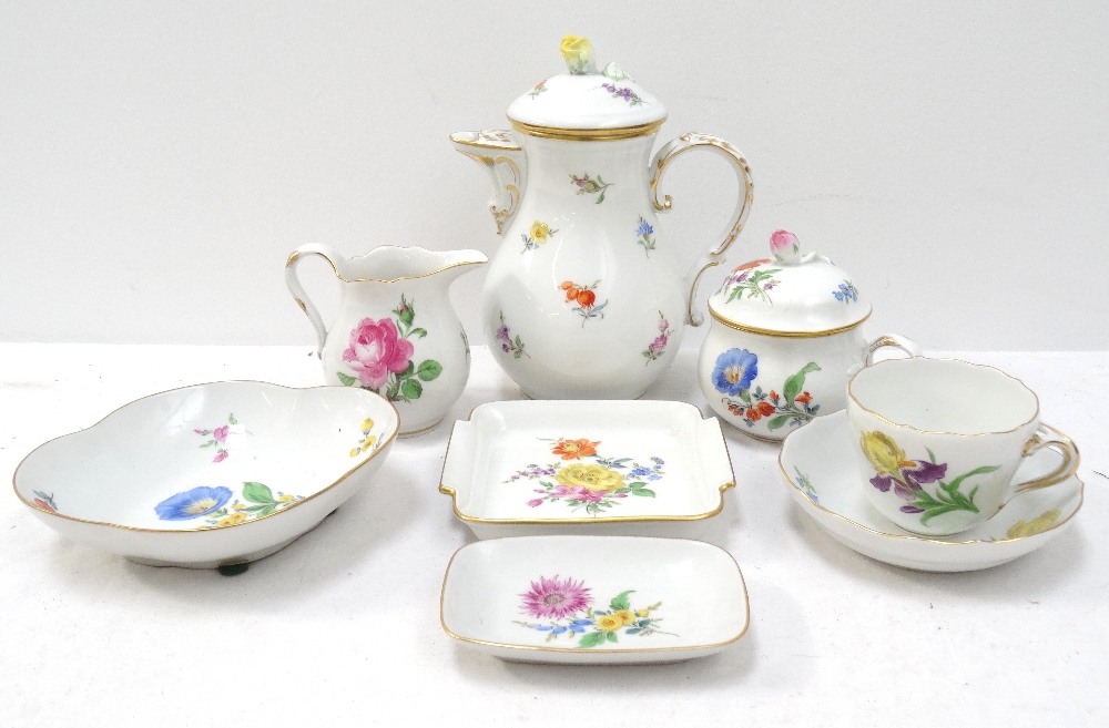 'MEISSEN' PORCELAIN COFFEE SERVICE with handpainted floral decoration on white ground,