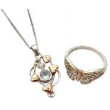 CLOGAU TREE OF LIFE LOVE VINE PENDANT the aquamarine and diamonds in silver with rose gold detail,