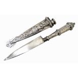 EASTERN UNMARKED SILVER DAGGER with embossed decoration of fruit,