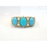 TURQUOISE AND PEARL RING the three oval cabochon turquoise stones separated by pearls,