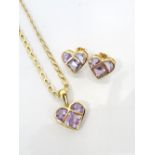 AMETHYST SET HEART DESIGN PENDANT AND MATCHING EARRINGS all in nine carat gold,