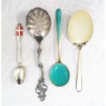 TWO NORWEGIAN SILVER GILT AND ENAMEL SPOONS marked for 'Thune' Oslo, 12.5cm and 11.