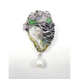 ART NOUVEAU STYLE SILVER BROOCH the woman's head and flowers with colourful enamel style decoration,