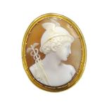 VICTORIAN CARVED SHELL CAMEO BROOCH depicting Mercury with his winged helmet and caduceus,