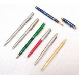 SELECTION OF PENS including three Parker biros, blue lacquer fountain pen,