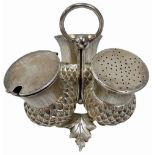 SCOTTISH SILVER PLATED CONDIMENT STAND of multi-piece construction, modelled as thistle heads,