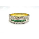ART DECO EMERALD AND DIAMOND RING on eighteen carat gold shank,