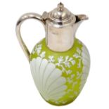 VICTORIAN SILVER MOUNTED CLARET JUG the lime green cameo glass body decorated with shells and coral,