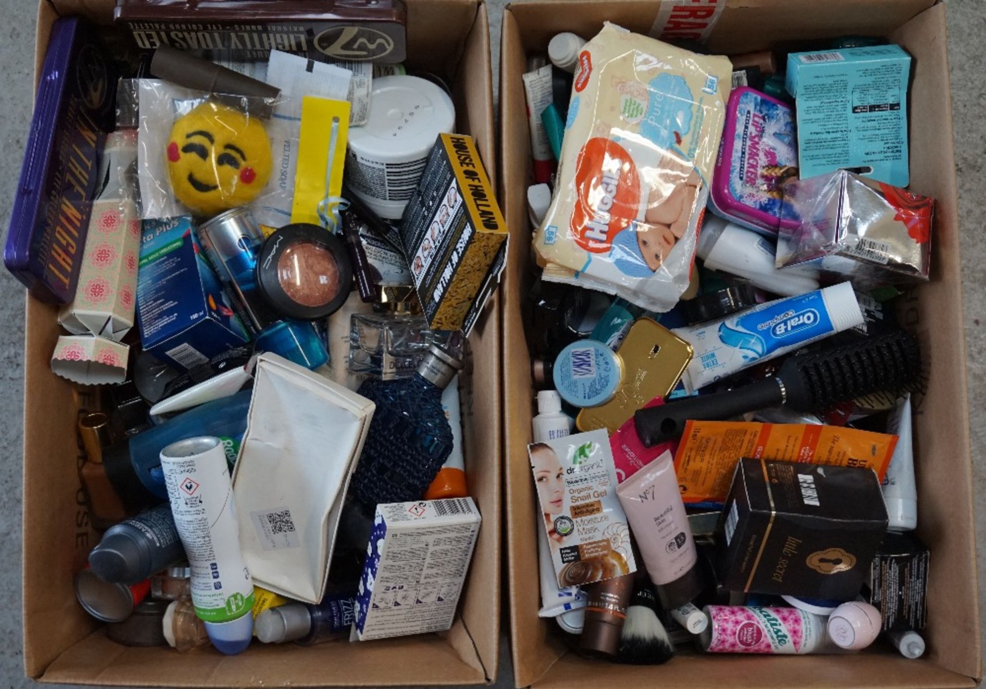 TWO BOXES OF USED AND NEW TOILETRY ITEMS including: CACHAREL AMOR AMOR; ELIZABETH ARDEN; DOVE; NO.