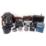 SELECTION OF CAMERAS AND ACCESSORIES including a Mamiya Flex camera, cased, a Velio camera,