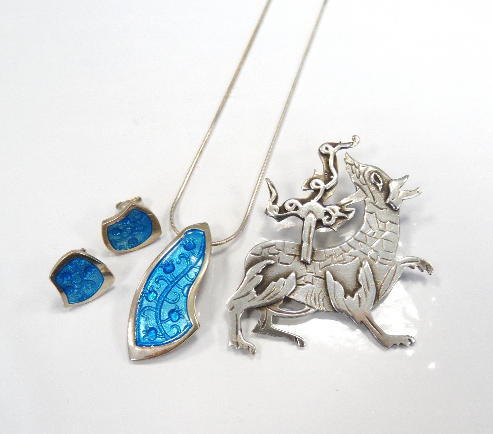 MALCOLM GRAY ORTAK ENAMEL DECORATED SILVER PENDANT AND MATCHING EARRINGS all with floral turquoise