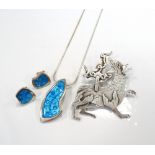 MALCOLM GRAY ORTAK ENAMEL DECORATED SILVER PENDANT AND MATCHING EARRINGS all with floral turquoise