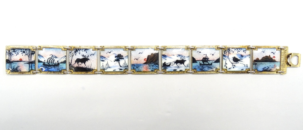 ATTRACTIVE NORWEGIAN ENAMEL DECORATED SILVER GILT BRACELET by Elvik & Co.