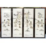 FOUR CHINESE MOTHER OF PEARL RELIEF DECORATED PANELS the mother of pearl figures in traditional