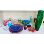 COLLECTION OF COLOURED GLASSWARE including retro pieces, a figural centre-piece,