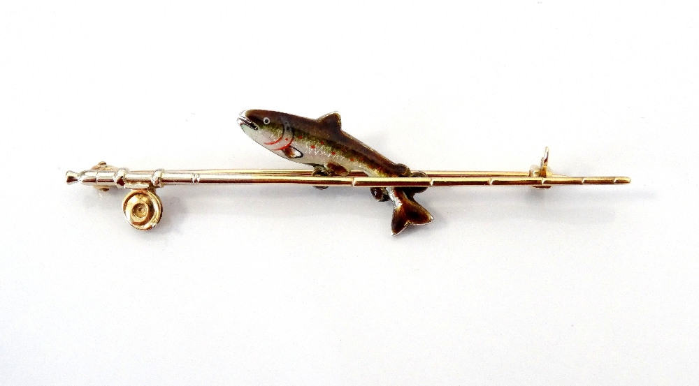 NINE CARAT GOLD AND SILVER FISHING INTEREST BROOCH by Alabaster & Wilson,