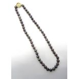 BLACK PEARL NECKLACE with diamond set fourteen carat gold clasp,