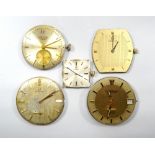 FIVE WATCH DIALS AND MOVEMENTS comprising three mechanical examples - Omega x2 and Longines;